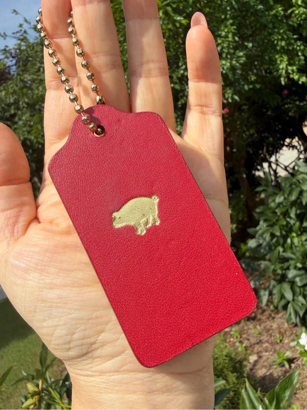 Coach Large Leather Hangtag with Gold Pig Print, 1 3/4” (L) x 3” (H)